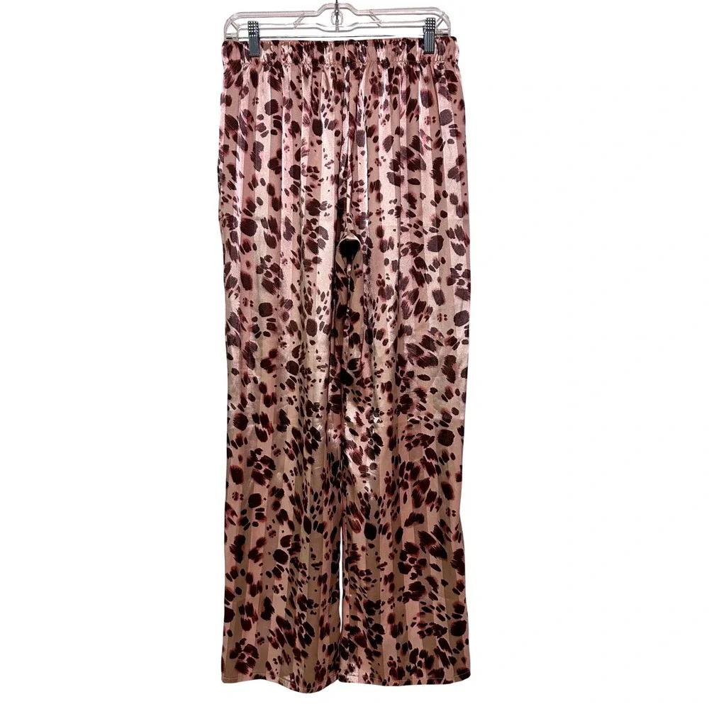 Como Sleep Womens Pink Leopard Striped Satin Pajama Pant Set Button Front Size M